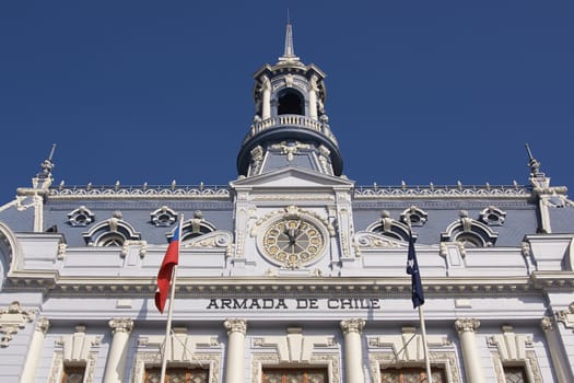 Ornate gothic style building, Comandancia Jefe de la Armada, in Plaza Sotomayor, Valparaiso, Chile