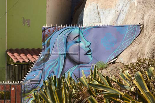 Colourful murals decorating the streets of the world heritage city of Valparaiso in Chile