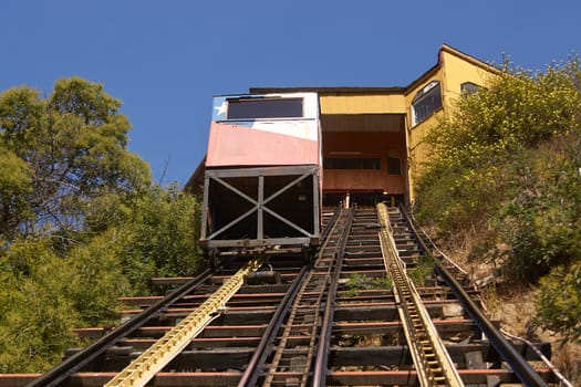 Ascensor Concepcion. Historic funicular, built 1883, in the world heritage coastal city of Valparaiso in Chile.