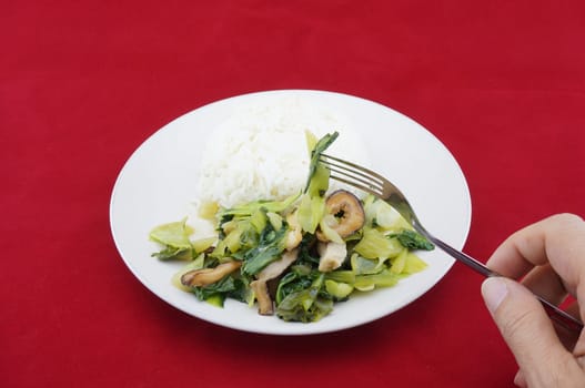 Eating stir-fried brassica with shitake mushrooms and tofu on a red background.