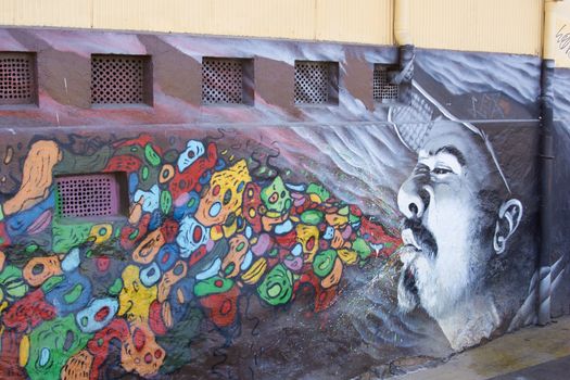 Colourful mural decorating the streets of the world heritage city of Valparaiso in Chile