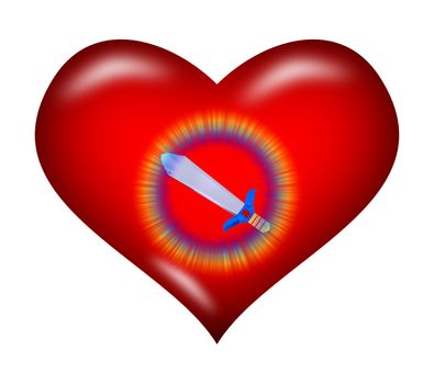 Sword emits light in the red heart means love is a powerful revival.