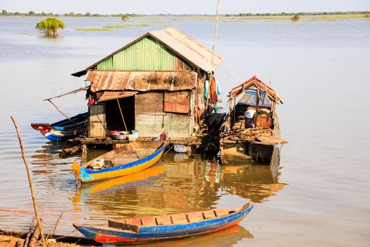 Fisherman floating house in tonle sap, cambodia