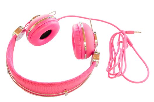 Vivid pink colorful wired headphones isolated on white