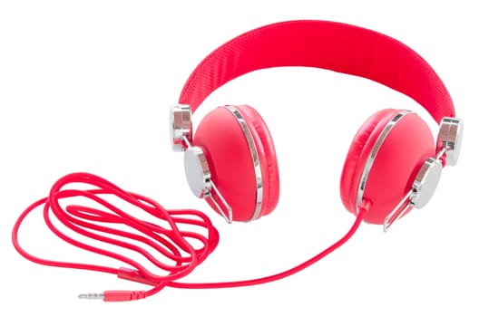 Vibrant red wired headphones isolated on white background