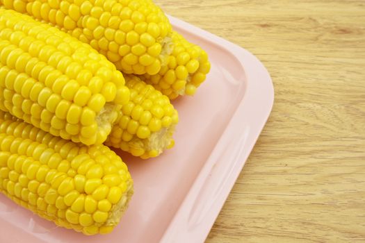 Yellow corn is sweet fruit placed on pink tray with wood background.