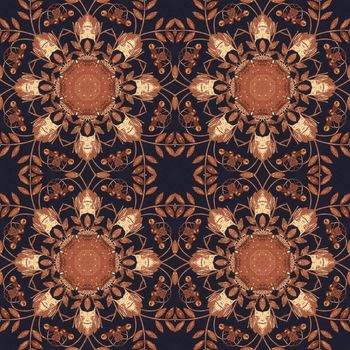 Abstract artistic pattern, seamless handmade floral ornament, applique from the back side of a birch bark on black fabric background