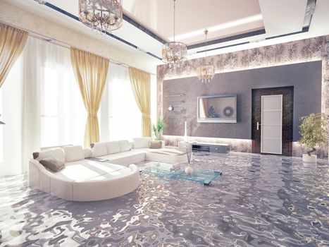 flooding in luxurious interior. 3d creative concept 