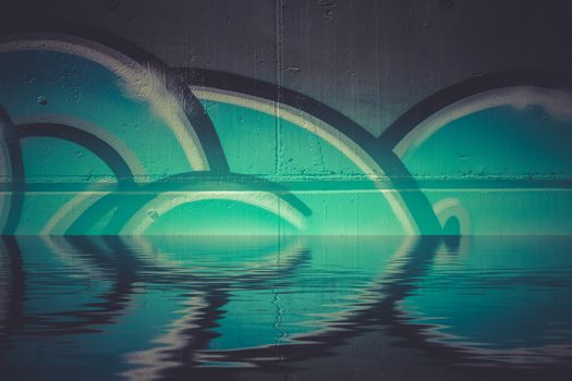 Abstract colorful graffiti reflection in the water, artistic chrome letters