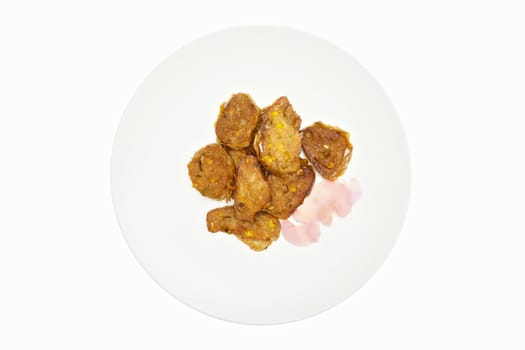 Deep fried roll vegetarian with ginger pickled on dish isolated with white background.