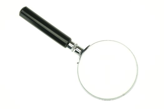 Black and silver magnifier made from metal and glass isolated with white background.