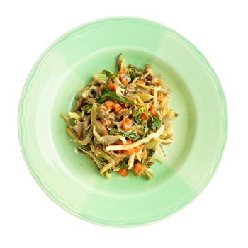 Oyster mushroom fried with carrot, vegan protein and basil isolated on white background.