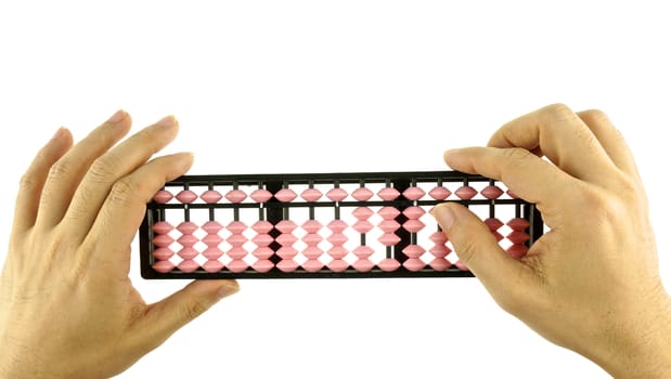 Man is calculating with abacus retro japan calculator isolated with white background.