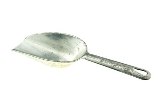 Aluminum scoop ice is tool for measuring ice isolated on white background.