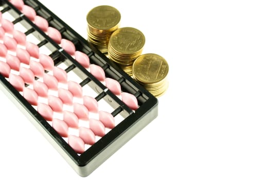 Pink and black abacus retro japan calculator and gold coins isolated with white background.