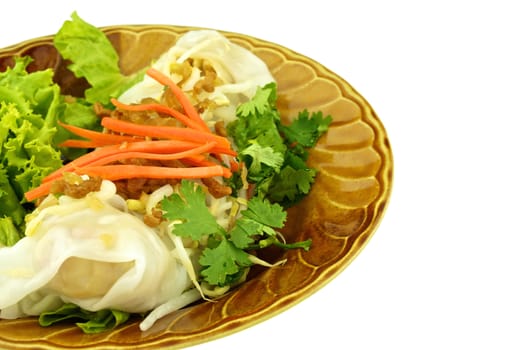 Close up wide rice noodle roll place on left isolated with white background.