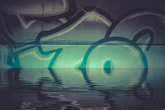 Graffiti reflection in the water, artistic chrome letters
