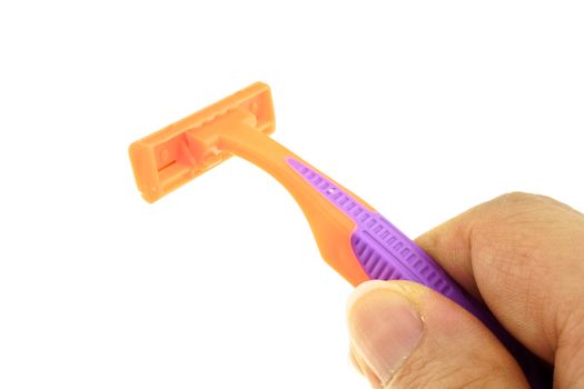 Hold orange razor for mustache on right isolated with white background.