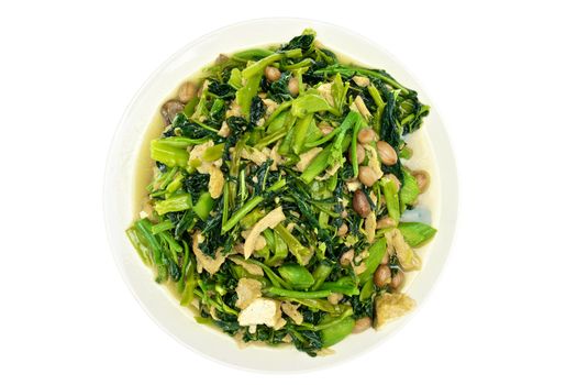 Morning glory and spinach fried with tofu, groundnut and Champignon mushroom isolated with white background.