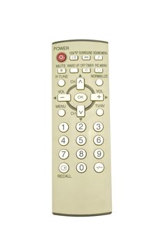 Old remote control for television put straight isolated with white background.