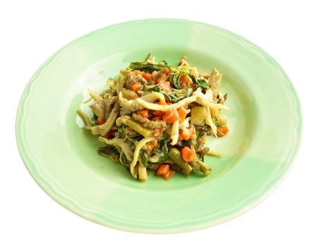 Oyster mushroom fried with carrot, vegan protein and basil isolated on white background.