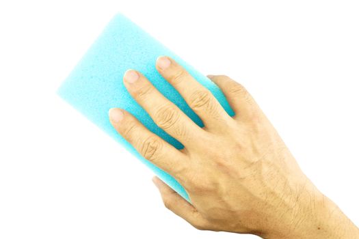 Hand hold blue sponge is cleaning isolated with white background.