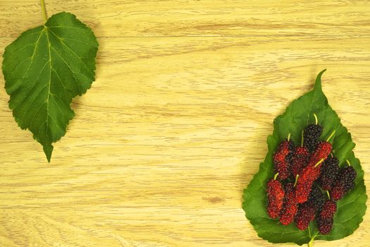 Red and black mulberry on  leaf place on top left and bottom right with wood background.