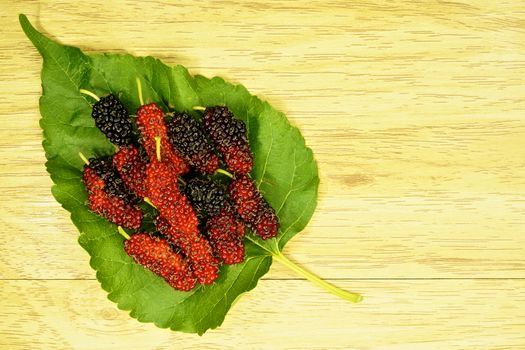 Red and black mulberry place on leaf with wood background.