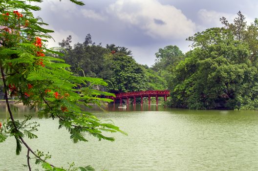 Red Bridge on Sword Lake. Center of Hanoi  Vietnam. 