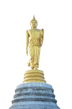 Front of golden buddha statue in Thailand isolated on white background.