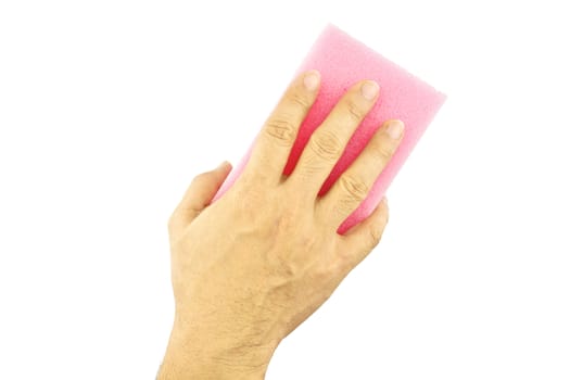 Hand hold pink sponge is cleaning isolated with white background.