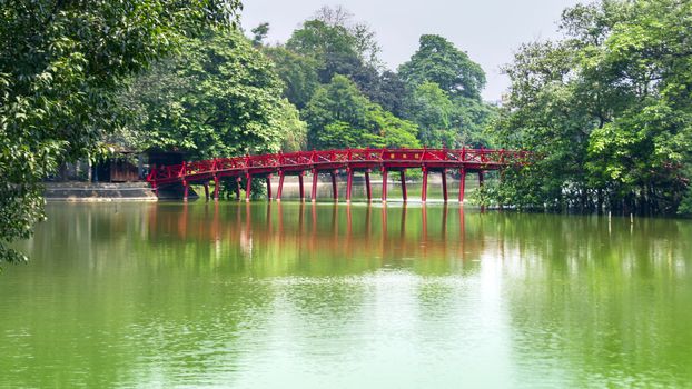 Red Bridge on Hoan Kiem Lake. Center of Hanoi  Vietnam. 