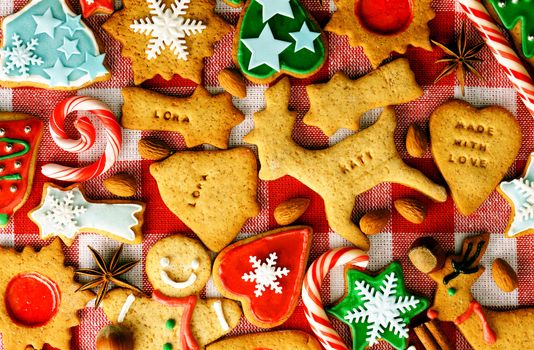 Christmas gingerbread cookies over tablecloth