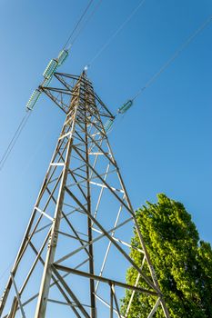 High-voltage electricity pylons, view from below