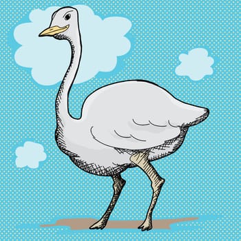 Single cute ostrich standing over halftone background