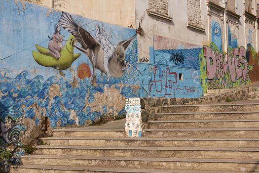 Colourful mural decorating a street in the world heritage city of Valparaiso in Chile