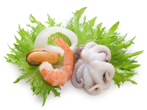 Shrimp's tail, mussel on the shell, squid and octopus on the lettuce leaves