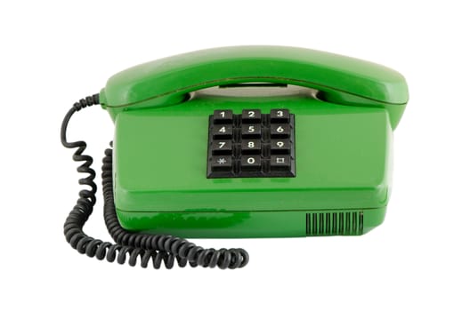 old green house phone with black buttons isolated on white background