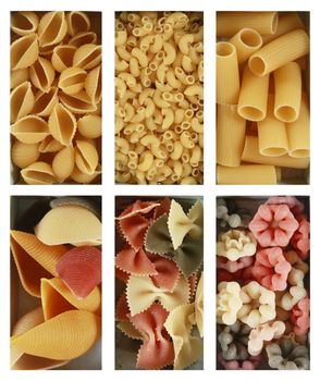 Six handfuls of pasta of different colors