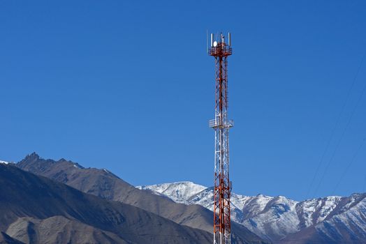 Tower of telecommunications on mountain, leh, ladakh, india