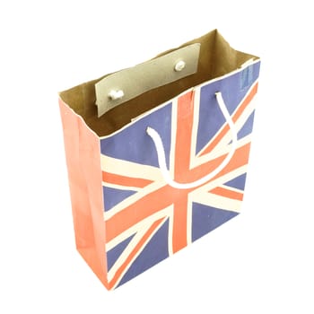 Paper bag striped england flag is empty isolated on white background.
