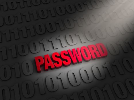 A spotlight illuminates bold, red "PASSWORD" on a dark background of computer code.