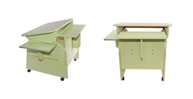 Mobile home school desk with sloping worktop light green color on a white background