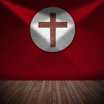 Cross in red and white marble hanging on red velvet wall and top light - Christian religion background