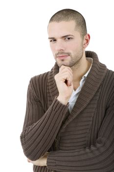 pensive young casual man portrait, isolated on white