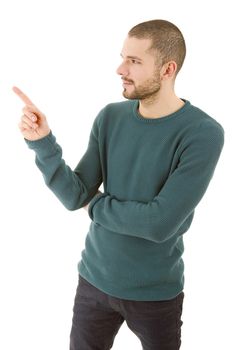 young casual man pointing, isolated on white