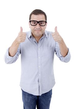 young casual man going thumb up, isolated on white