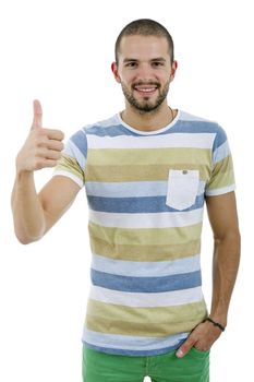 young casual man going thumb up, isolated on white