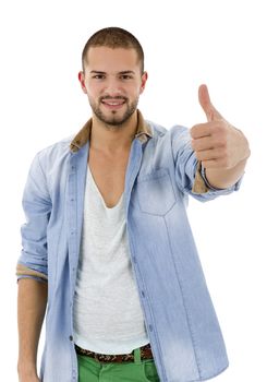 young casual man going thumb up, isolated on white