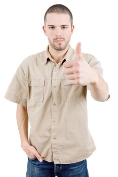 young casual man going thumb up, isolated on white